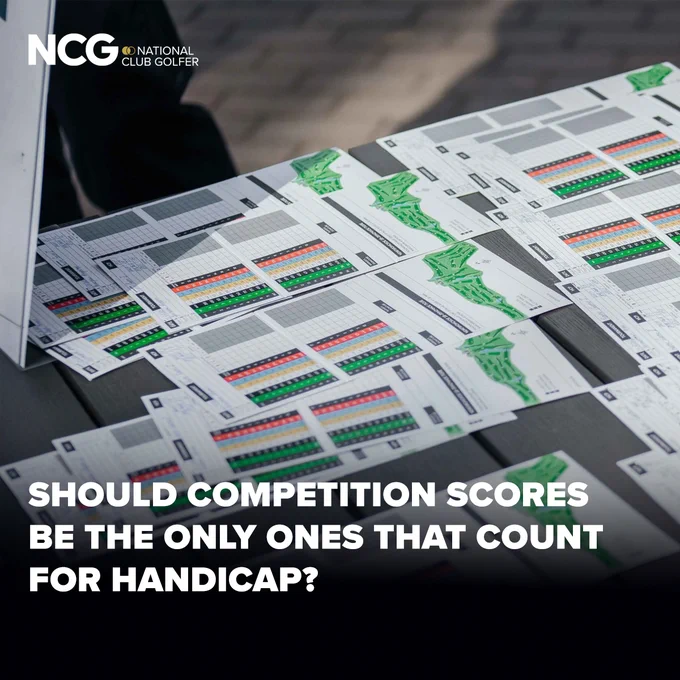Scorecards laid out on a table, posed with the question of whether only competition scores should impact golf handicaps. The atmosphere is contemplative, inviting viewers to engage with the debate.