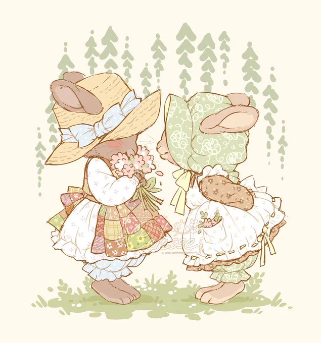 A soft vintage-style drawing of two rabbits wearing puffy old-fashioned bonnets and dresses with aprons. They face each other in profile with their eyes obscured by their bonnets, one shyly clutching a bundle of flowers and the other leaning in close and smiling. A hint of grass is beneath them and drooping willow branches frame them.