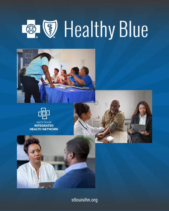 Graphic featuring Healthy Blue and the St. Louis Integrated Health Network logos on a blue background. Three photos show: a clinician checking an older man’s blood pressure while another person reviews information on a tablet; a community outreach table with staff engaging attendees; and a one-on-one conversation between two individuals. The website stlouisihn.org appears at the bottom