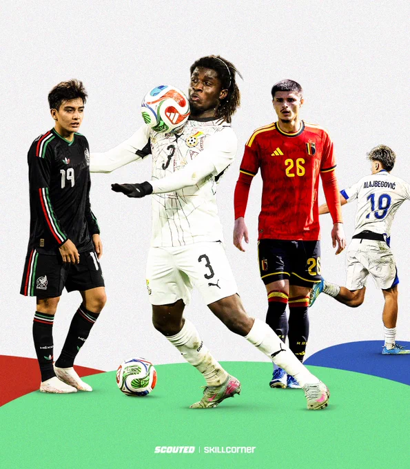 A composite image made up of four player cut-outs. From left to right: Gilberto Mora (Mexico), Caleb Yirenkyi (Ghana), Matias Fernandez-Pardo (Belgium) and Kerim Alajbegović (Bosnia and Herzegovina).