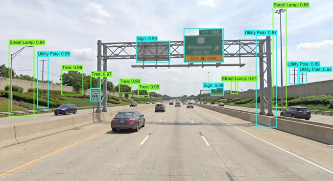 A highway scene with cars and overhead signs is overlaid with cyan and green bounding boxes from an object detection system. The boxes label elements such as "Street Lamp," "Utility Pole," "Tree," and "Sign" with decimal confidence scores, while a white sign on the left reads "SPEED LIMIT 95." This illustrates a computer vision system identifying roadside infrastructure and traffic signs in a real-world driving environment.