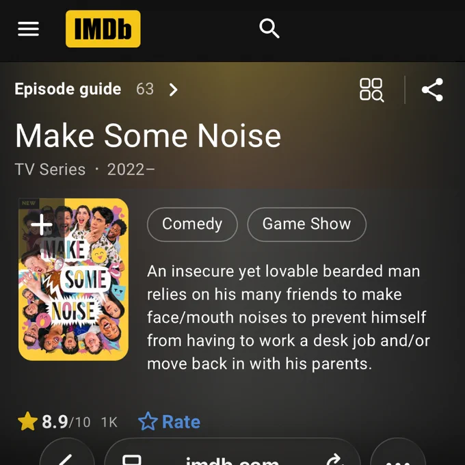 A screenshot of the IMDB page for Make Some Noise. The show description reads: "An insecure yet lovable bearded man relies on his many friends to make face/mouth noises to prevent himself from having to work a desk job and/or move back in with his parents".