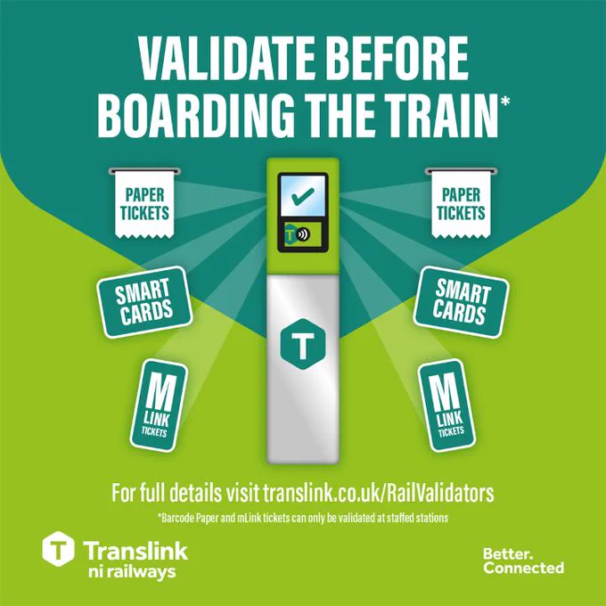 Graphic instructing passengers to validate paper tickets, smartcards, and mLink tickets before boarding the train, with a validator machine shown in the centre and Translink branding