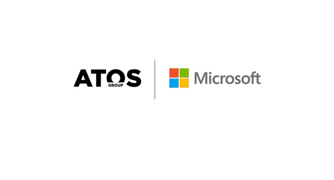 Atos Group and Microsoft logos side by side on a white background