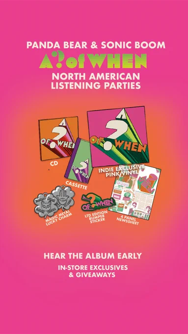 Promotional image for Panda Bear & Sonic Boom's 'Reset' album listening parties across North America, featuring exclusive merchandise and giveaways. The bright pink background sets a vibrant and energetic mood.