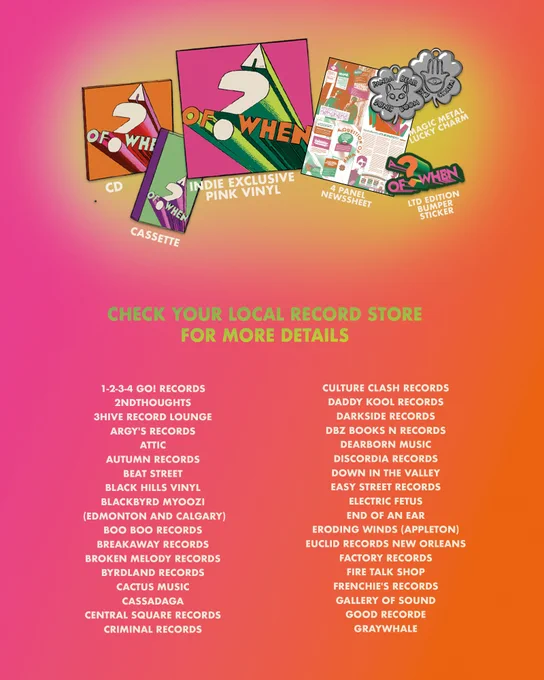 Promotional image showcasing various album formats like CD, cassette, and vinyl with indie store details. Bright and vibrant with informational content.