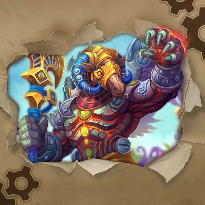 Card art for Confront the Tolvir showing a Tolvir breaking through torn parchment, reaching outward, framed by a tan background with gear icons on it.