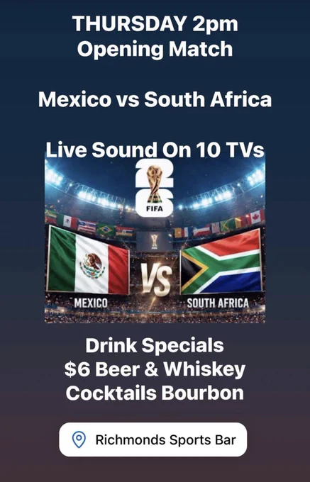#Thursday #Soccer #WorldCup #OpeningDay 
2pm #Mexico vs #SouthAfrica
9pm #KoreaRepublic vs #CzechRepublic 

#DrinkSpecials $6 #Beer & #Whiskey #Cocktails #Bourbon

#SoccerBar #SportsBar #Tavern 10 TVs #Pooltable #Patio #HumboldtPark #WestTown #Chicago