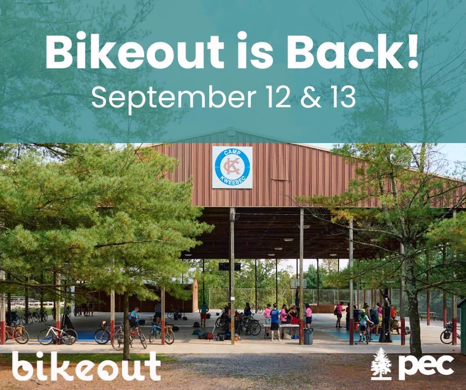 A graphic for bikeout. There is a photo of people standing under a large picnic shelter in the background. There are the words "Bikeout is Back September 12 & 13 at the top. There is also the PEC and Bikeout logos at the bottom. 