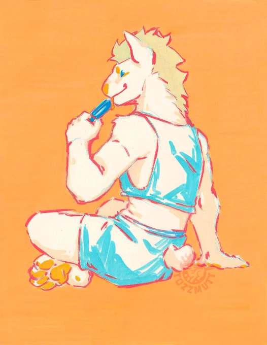 Scan of an acrylic markers drawing. The pic shows an anthro furry bullterrier dog, sitting down on the floor, wearing some comfi clothes and licking an icecream. The drawing has overall yellow/orange tones, with some blue pops of color