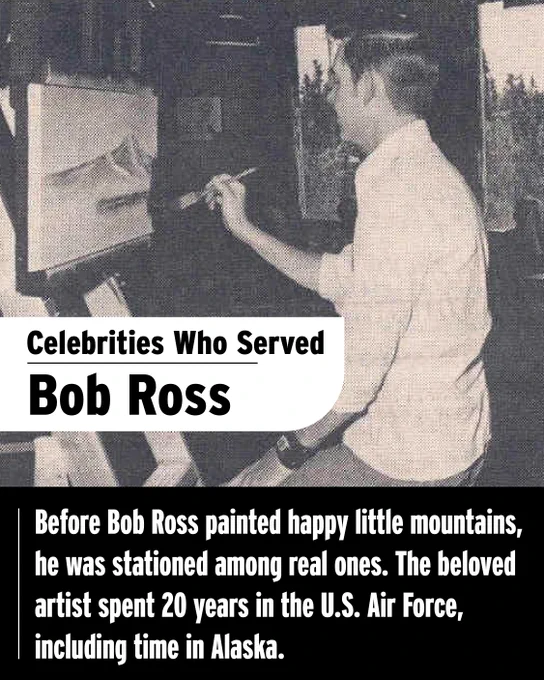 Black and white image of a young Bob Ross during a painting demonstration. Text reads, “Before Bob Ross painted happy little mountains, he served among the real ones. The beloved artist spent 20 years in the U.S. Air Force, including time in Alaska.”
