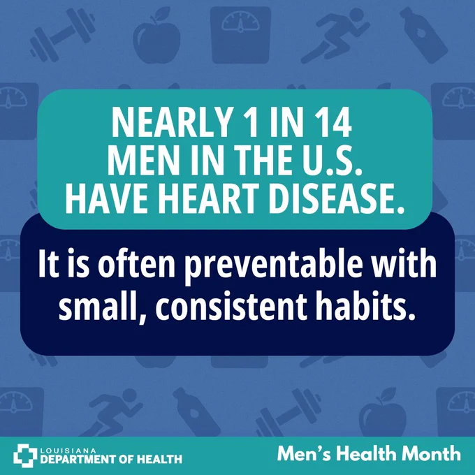 Infographic for men's health month. Title reads 'Nearly 1 in 14 men in the U.S. have heart disease.' Subtitle reads 'It is often preventable with small, consistent habits.'