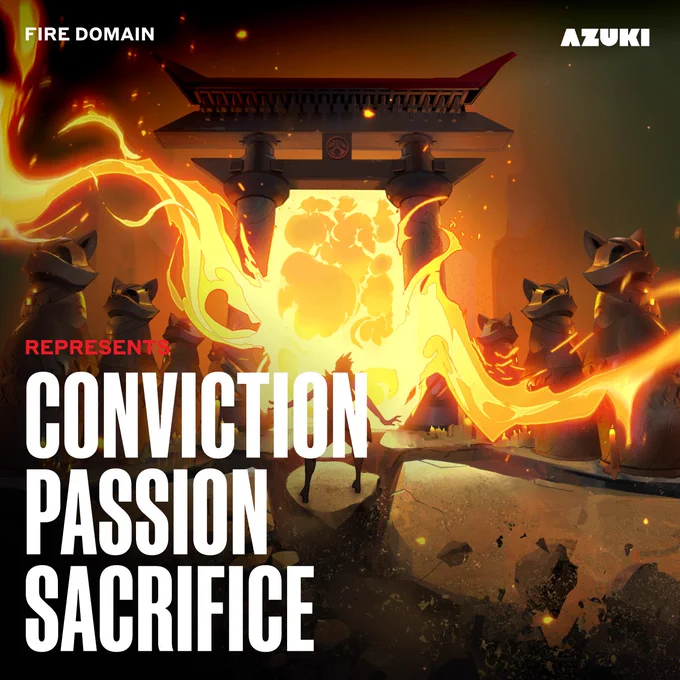 Illustration of a fiery scene featuring fox statues, a large flaming gate, and prominent text emphasizing themes of conviction, passion, and sacrifice. The mood is intense and dynamic.