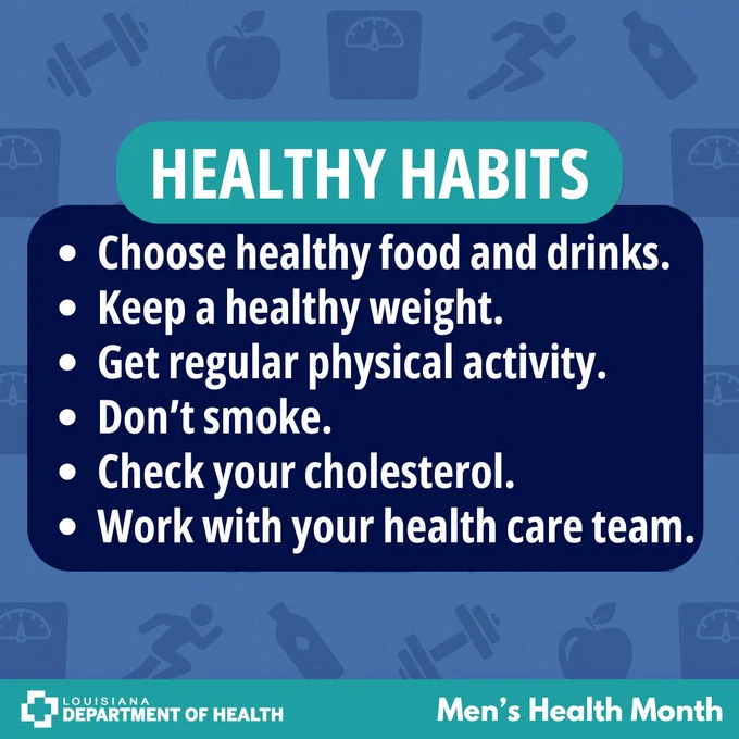 Infographic for Men's Health Month. Title reads 'Healthy Habits.' Lists of habits includes choose healthy food and drinks, keep a healthy weight, get regular physical activity, don't smoke, check your cholesterol and work with your health care team.