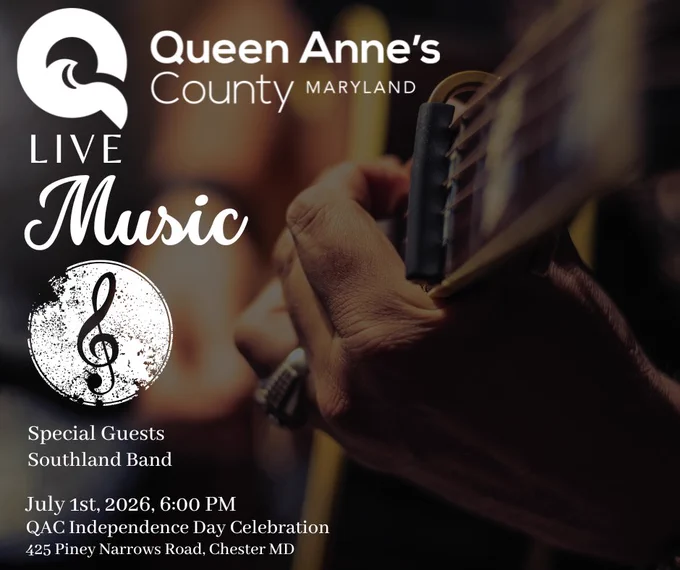 Close-up of a hand playing guitar strings promoting Queen Anne's County live music event with Southland Band on July 1st, 2026.