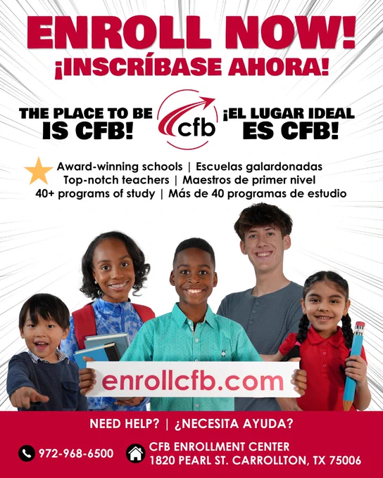 Diverse group of children featured in ad for CFB school enrollment, with text "Enroll Now!" and contact info.