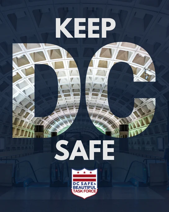 Graphic depicting the words "Keep DC Safe" // In the background of the graphic is a photo of a DC Metro station.