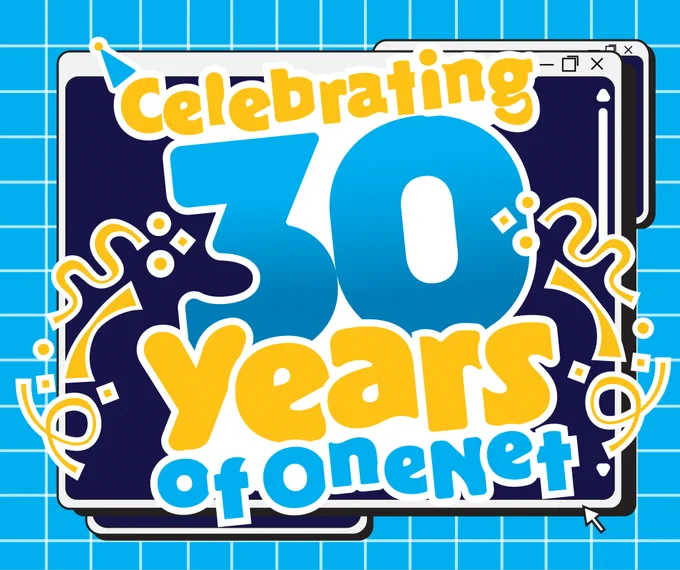 Tablets with grid background, festive party hat - Text reads "Celebrating 20 years of OneNet"