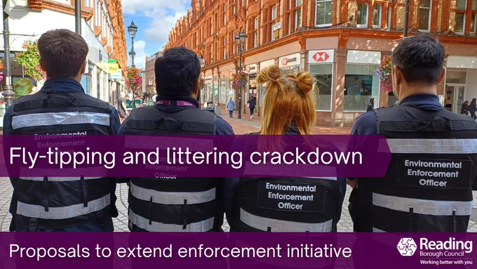 Four Environmental Enforcement Officers stand on a pedestrian street and text reads "Fly-tipping and littering crackdown."