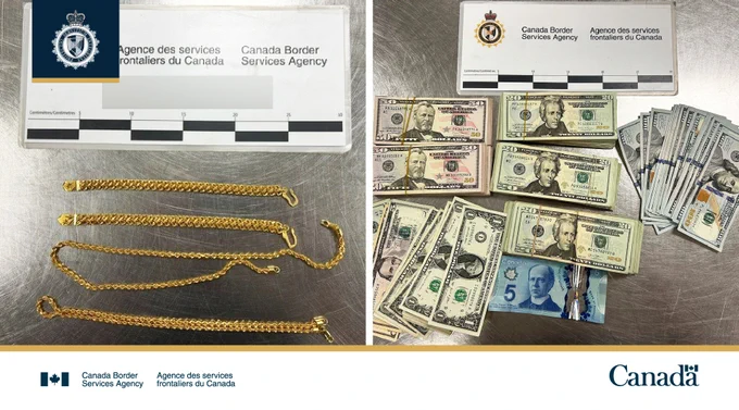 Photos of seized undeclared currency and gold jewellery on a countertop.
