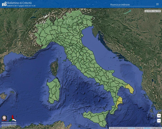 bollettino di criticità meteo-idro del 11 giugno: mappa dell'Italia con alcuni settori meridionali di Puglia e Calabria in allerta gialla