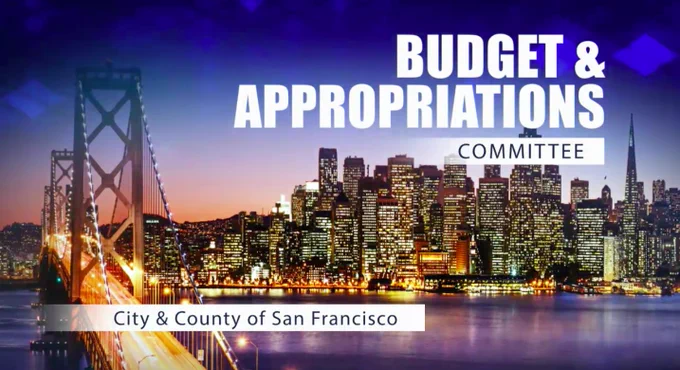 Pictures of the San Francisco Skyline at night and an illuminated Bay Bridge with the “Budget and Appropriations Committee” title at the top with the “City and County of San Francisco” title at the bottom. 