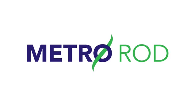 Logo with the word METRO in bold blue and ROD in green, featuring a green and blue intertwined ribbon forming the letter O.