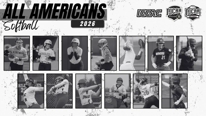 Collage graphic featuring 13 softball players in action photos arranged in two rows with ICCAC and NJCAA logos and “All Americans 2026” title.