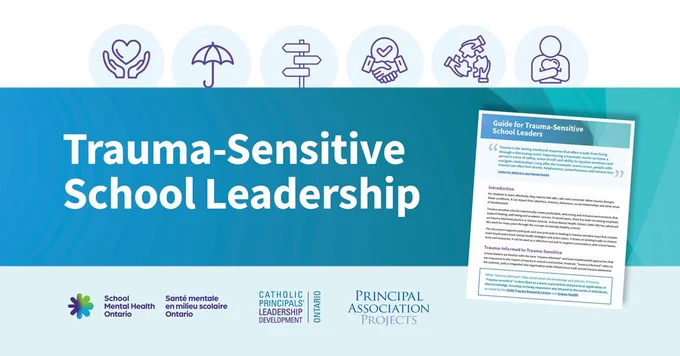 Promotional graphic titled “Trauma-Sensitive School Leadership” on a blue and teal gradient background. Across the top are six purple line icons representing care, safety, guidance, collaboration, growth, and support. On the right, an image of a guidebook titled “Guide for Trauma-Sensitive School Leaders” is displayed. Logos for School Mental Health Ontario, Santé mentale en milieu scolaire Ontario, Catholic Principals’ Leadership Development Ontario, and Principal Association Projects appear along the bottom. The design promotes resources and leadership practices that support trauma-sensitive school environments.