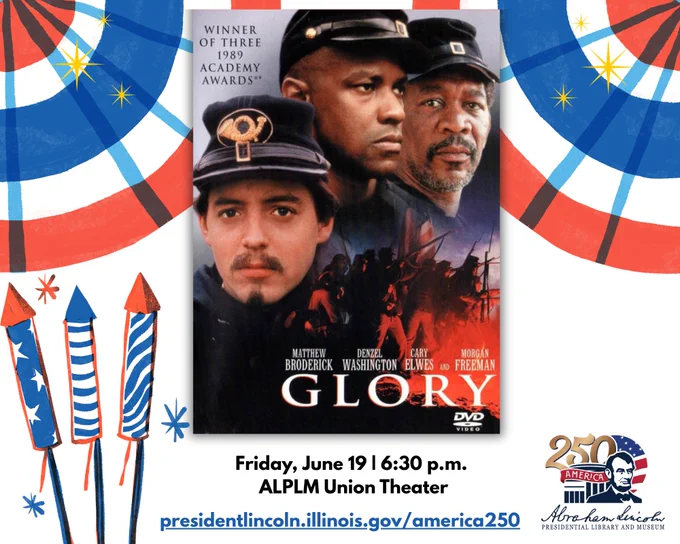 Poster for the movie Glory featuring soldiers in uniform with a background of battle scenes and award mentions.