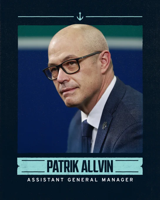 Announcement graphic for Patrik Allvin as the new Seattle Kraken Assistant General Manager.