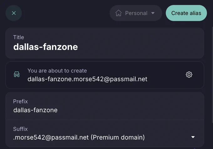 Proton Pass' alias feature, being used to generate an email for the "Dallas fanzone" 