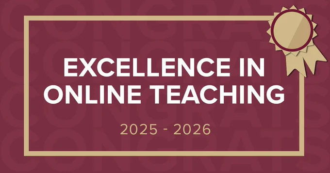 Award plaque titled "Excellence in Online Teaching 2025-2026" with a decorative border and ribbon, set against a burgundy background.