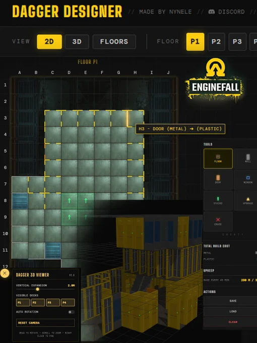 An interactive interface for designing structures in a digital environment, featuring tools for building floors, doors, and windows. The mood is technical and creative.