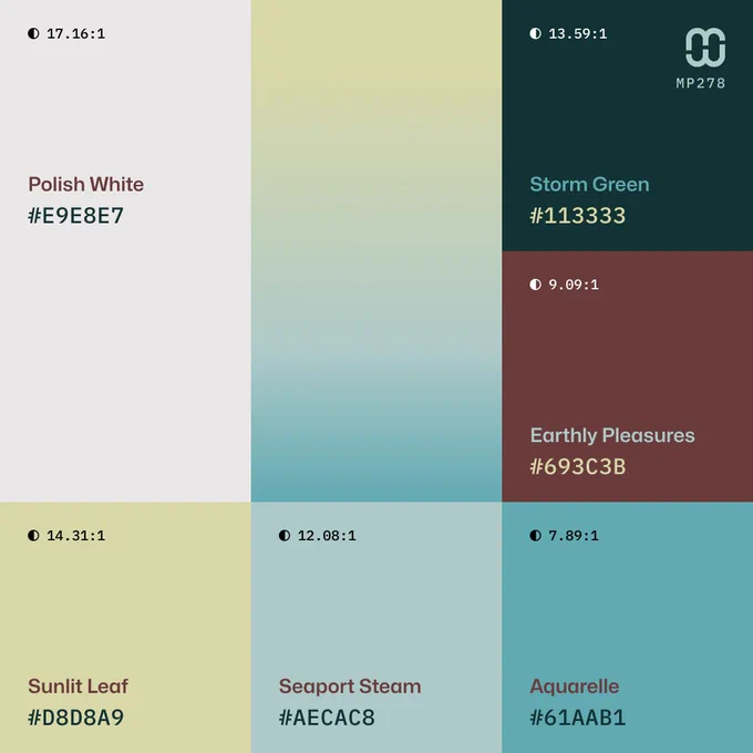 Mindful Palettes Series № 278 - Color dominance grid and sampler with color codes #E9E8E7, #D8D8A9, #AECAC8, #61AA81, #693C3B, and #113333