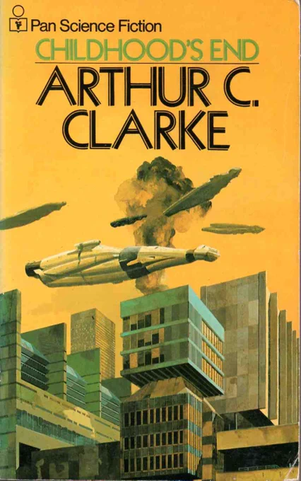 Brutalist buildings are framed against a yellow sky. An explosion is rising up from one rooftop, surrounded by oblong spaceships hanging in the sky. Title: Childhood's End, Arthur C Clarke.