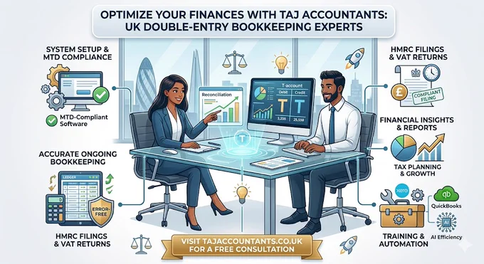 Double-entry bookkeeping is an accounting system in which each transaction is recorded in two accounts (debit and credit), resulting in accurate accounting and a complete understanding of the business's financial position.
How TAJ Accountants Can Help with Double-Entry Bookkeeping
At TAJ Accountants, we simplify double-entry bookkeeping for UK businesses. Our services include:
Setup and Implementation: Tailored systems using MTD-compliant software.
Ongoing Bookkeeping: Accurate recording, reconciliations, and trial balances.
Compliance Support: HMRC filings, VAT returns, and Self Assessment.
Financial Insights: Custom reports for growth and tax planning.
Training and Automation: Guidance on tools like Xero or QuickBooks, plus AI-driven efficiency.
Whether you’re transitioning from single entry or scaling up, our experts ensure error-free, compliant books. Visit TAJ Accountants for bookkeeping services and more.
 📞 020 3355 4947
📧 info@tajaccountants.co.uk
🌐 https://www.tajaccountant