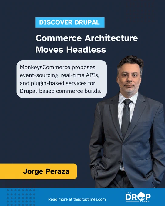 Vertical TDT card: “Commerce Architecture Moves Headless” with deck on MonkeysCommerce, event sourcing, APIs, and Drupal commerce services.