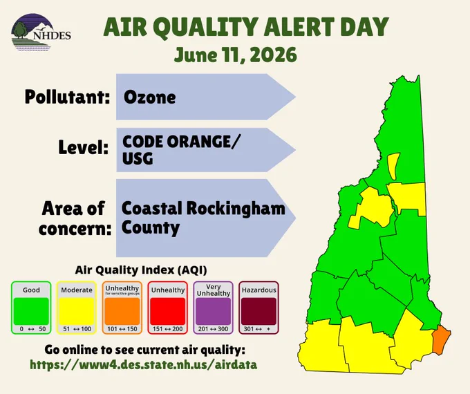 Flyer stating there is an air quality alert for June 11, 2026. Pollutant is ozone, level is code orange/unsafe for sensitive groups, and area of concern is coastal rockingham county.
