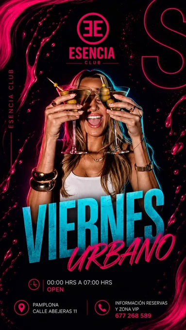 Premium nightlife club flyer design, neon urban party poster concept with a female model holding cocktail glasses, blue and pink neon theme, modern event typography
