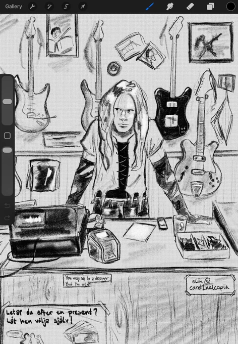a black/white digital drawing of mary goore (from the long blonde hair and no eyebrows era) behind the register at a music store
