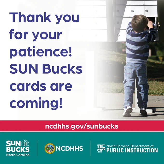 Photo of a boy getting the mail out of a mailbox. Text says, “Thank you for your patience! SUN Bucks cards are coming!” The footer includes the following ncdhhs.gov/sunbucks and three logos: Sun Bucks North Carolina, NCDHHS and NCDPI. 