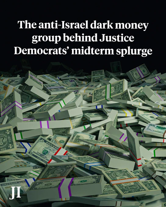 A digitally created image shows piles of cash with a politically charged message regarding a dark money group. The text suggests controversy and influence in political funding.