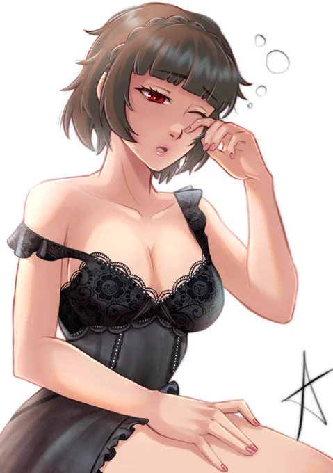 A fanart of Makoto Niijima looking sleepy like she just woke up from the night, yawning in a cute way and wearing a black opaque nightgown.