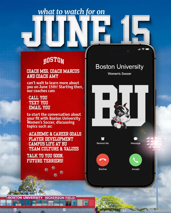 Infographic for BU women's soccer on June 15th to highlight the start of the recruiting cycle.