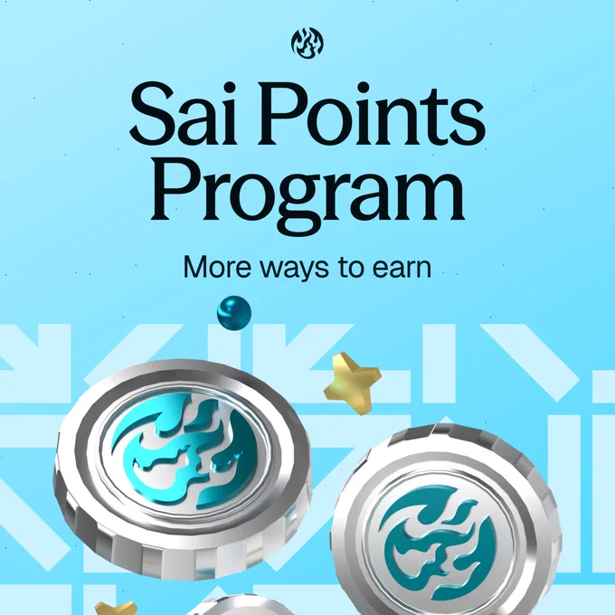 Promotional visual for the Sai Points Program, highlighting opportunities to earn. Features abstract coins on a blue background.