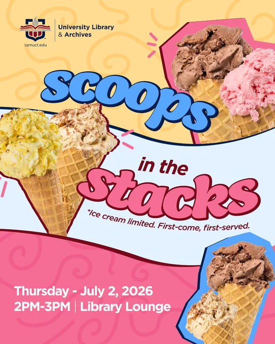 Promotional image for "Scoops in the Stacks" event by University Library & Archives. Features illustrations of ice cream cones with chocolate, strawberry, and vanilla scoops. Text details: "Ice cream limited. First-come, first-served." Date and time: Thursday, July 2, 2026, 2PM-3PM at Library Lounge.