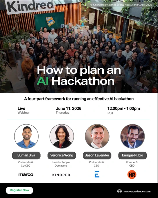 Promotional webinar graphic for “How to Plan an AI Hackathon,” featuring event details (June 11, 2026, 12:00–1:00 PM PST), a group photo from Kindred’s Hack(AI)thon, and speakers Suman Siva, Veronica Wong, Jason Lavender, and Enrique Rubio.