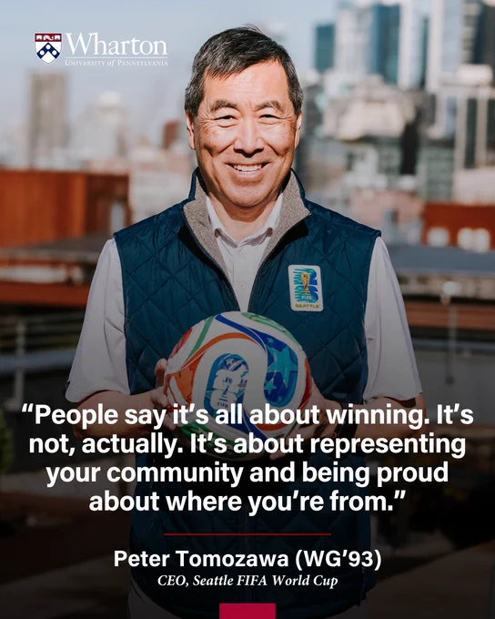 Photo of Peter Tomozawa holding a soccer ball while standing in front of Seattle's skyline. A quote from him is at the bottom of the graphic, saying "People say it’s all about winning. It’s not, actually. It’s about representing your community and being proud about where you’re from."