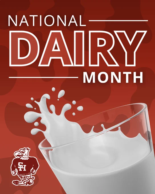 Glass of milk splashing with bold text celebrating National Dairy Month on a red background.